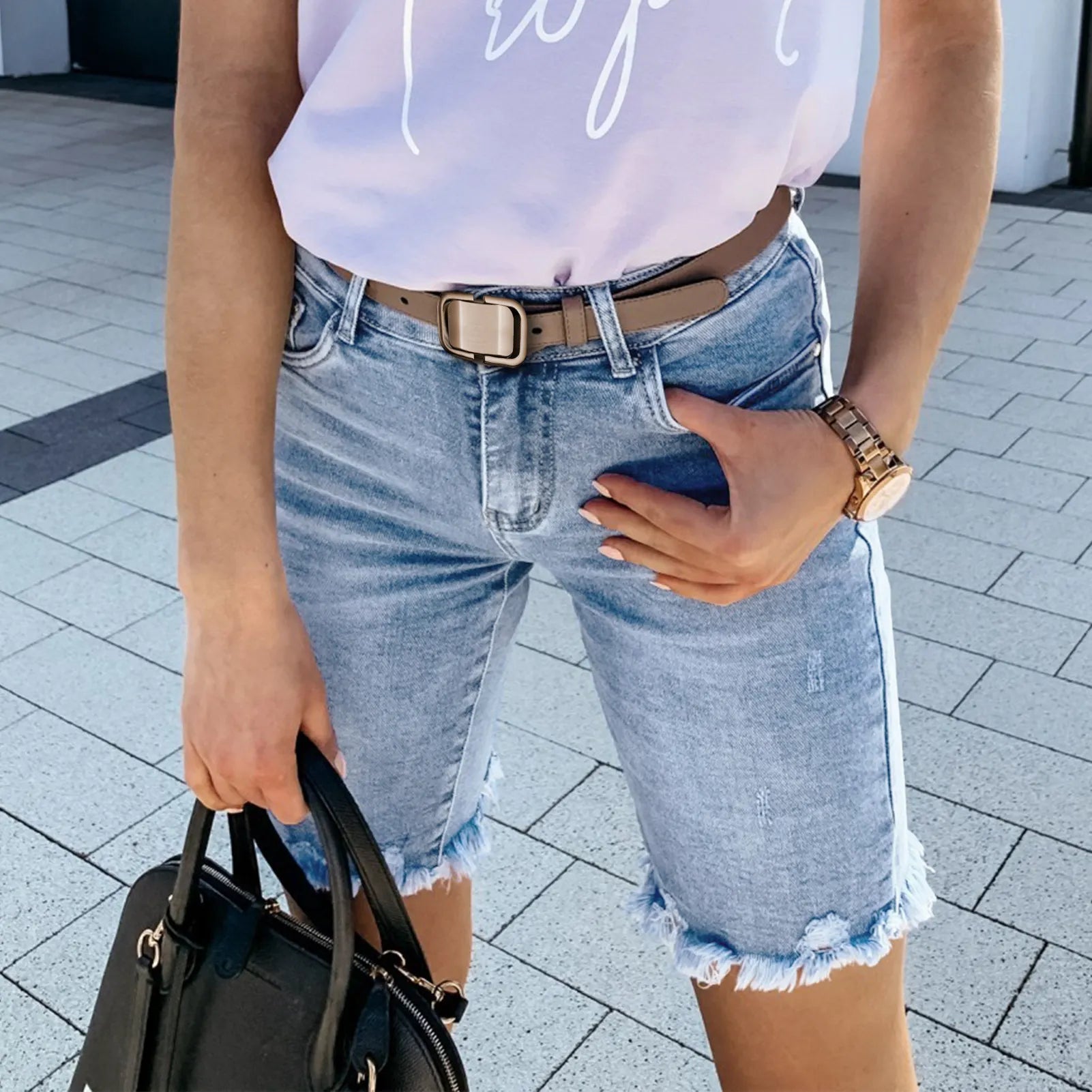 Frayed Raw Hem Denim Bermuda Shorts