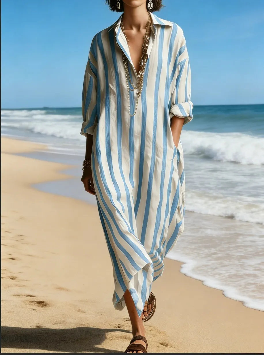Striped Oversized Lapel Shirt Maxi Dress