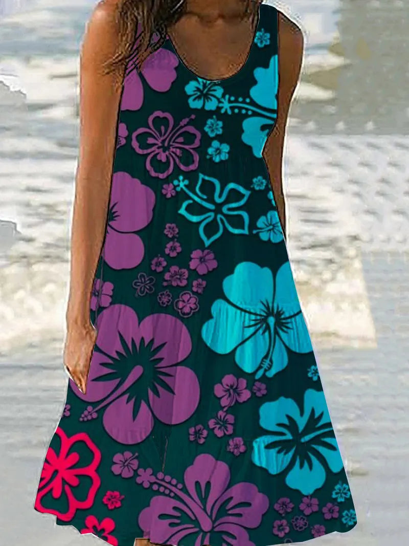 Floral Print Sleeveless Round Neck Tiered Midi Dress