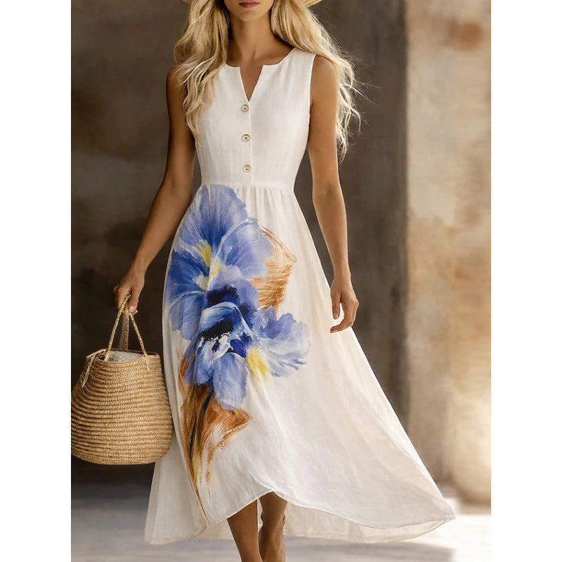3D Floral Print Notched V-Neck Sleeveless A-Line Maxi Dress