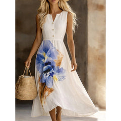 3D Floral Print Notched V-Neck Sleeveless A-Line Maxi Dress