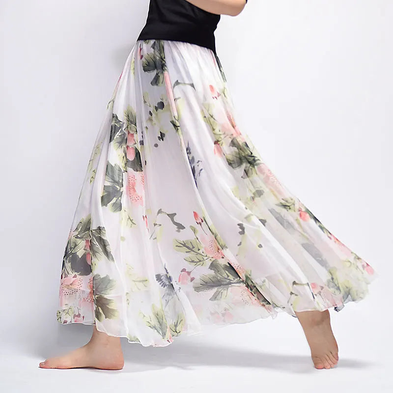 Floral Print Chiffon Maxi Skirt High Waist Flowy A-Line Skirt