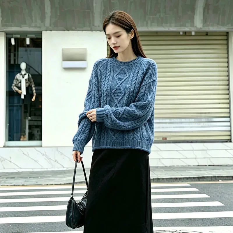 Drop‑Shoulder Geometric Cable Knit Pullover Sweater