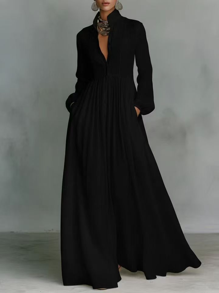 White Stand Collar Pleated Long Sleeve Maxi Shirt Dress