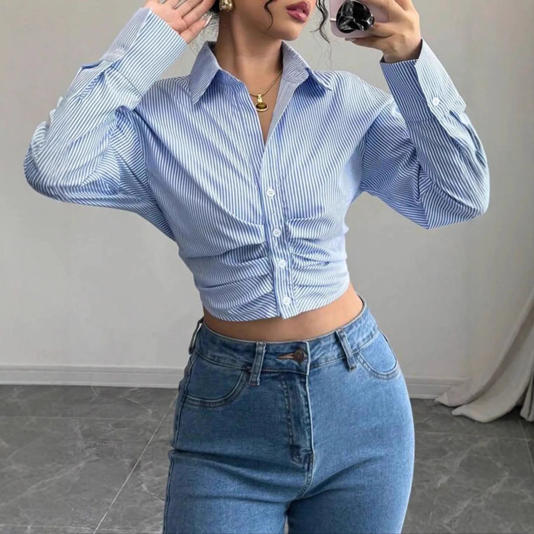Striped Ruched Cropped Button Down Shirt