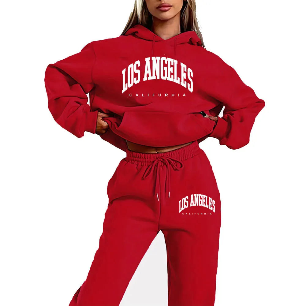Los Angeles Letter Print Hoodie & Drawstring Sweatpants Two Piece Tracksuit