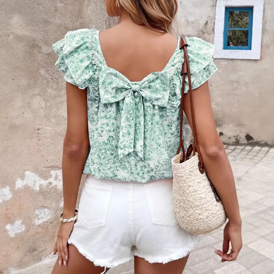 Floral Print Ruffle Sleeve Back Bow Blouse