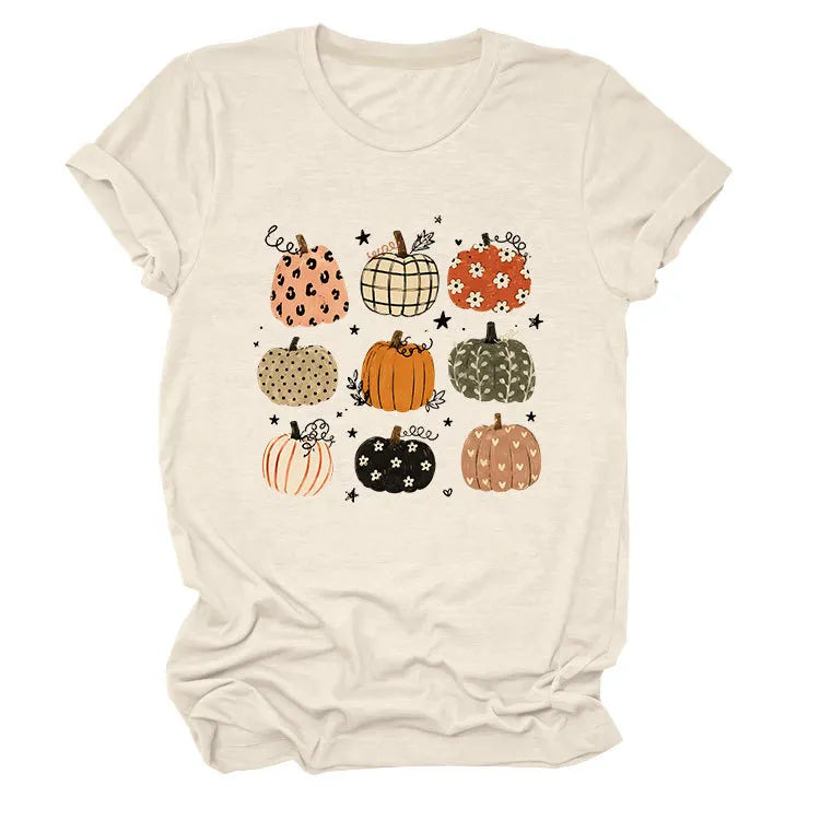 Leopard Floral Plaid Pumpkin Casual Short Sleeve Tee