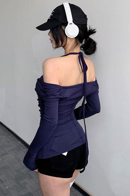 Off Shoulder Halter Long Sleeve Top Tee