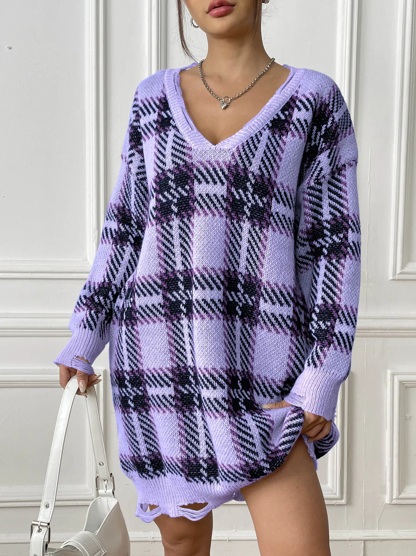 Plaid V-Neck Oversized Sweater Dress