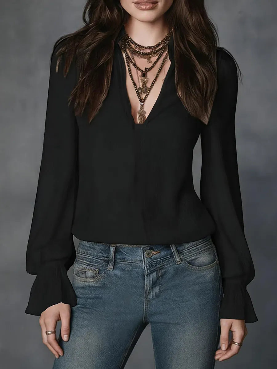 Puff Sleeve Ruffle Cuff Textured V Neck Blouse