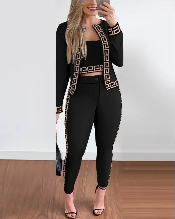 Elegant Plaid 3 Piece Suit, Long Sleeve Contrast Trim Jacket Cami And High Waist Trousers