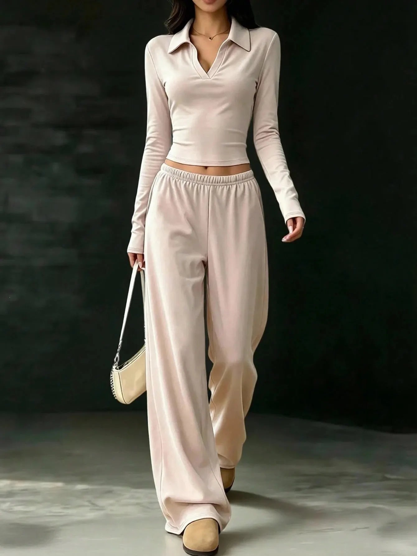 Black Polo V-neck Long Sleeve Crop Top & Elastic Waist Wide Leg Pants Two Piece Set