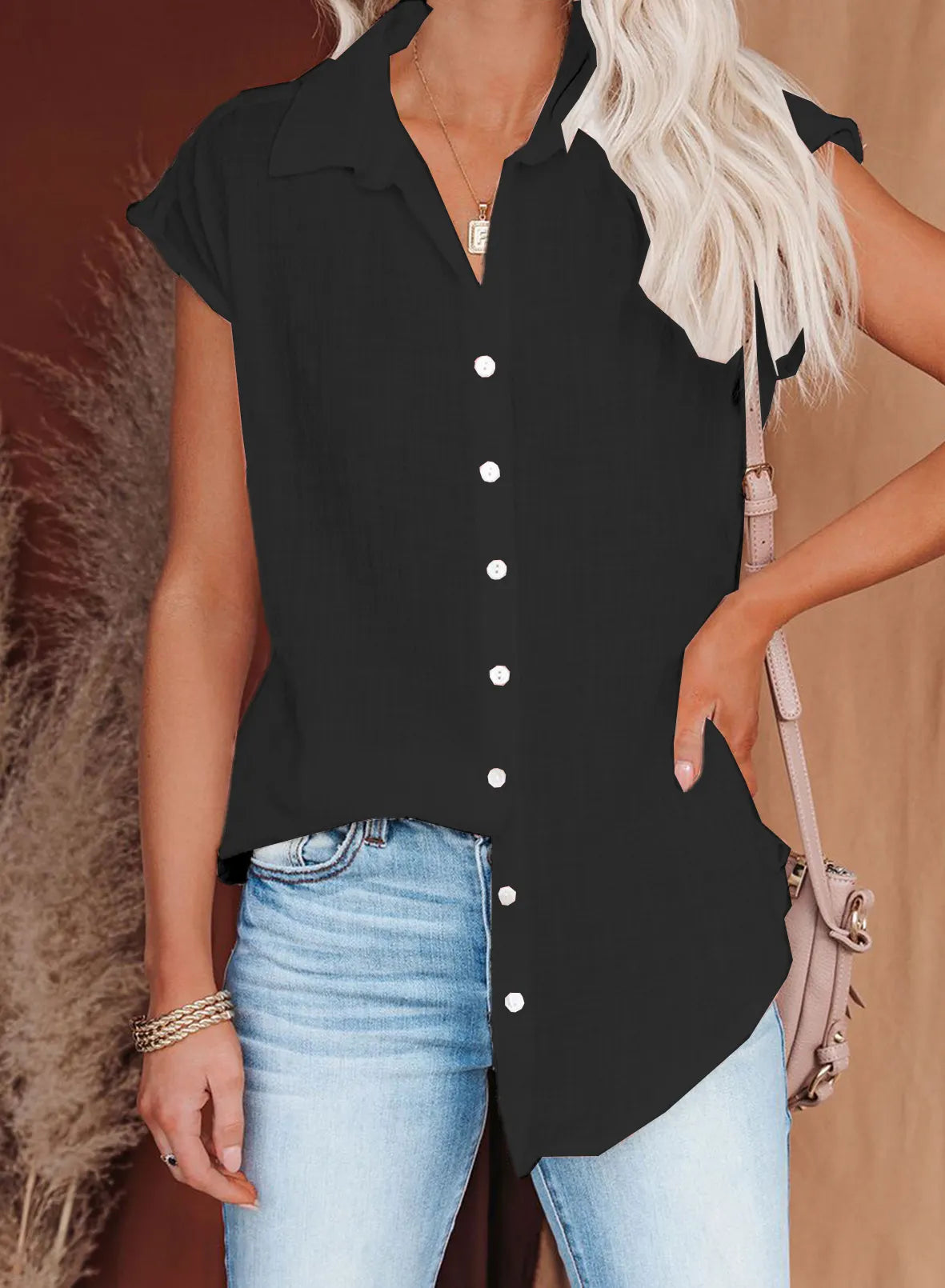 White Sleeveless Button Down Shirt, Loose Fit Linen Blend Blouse for Summer