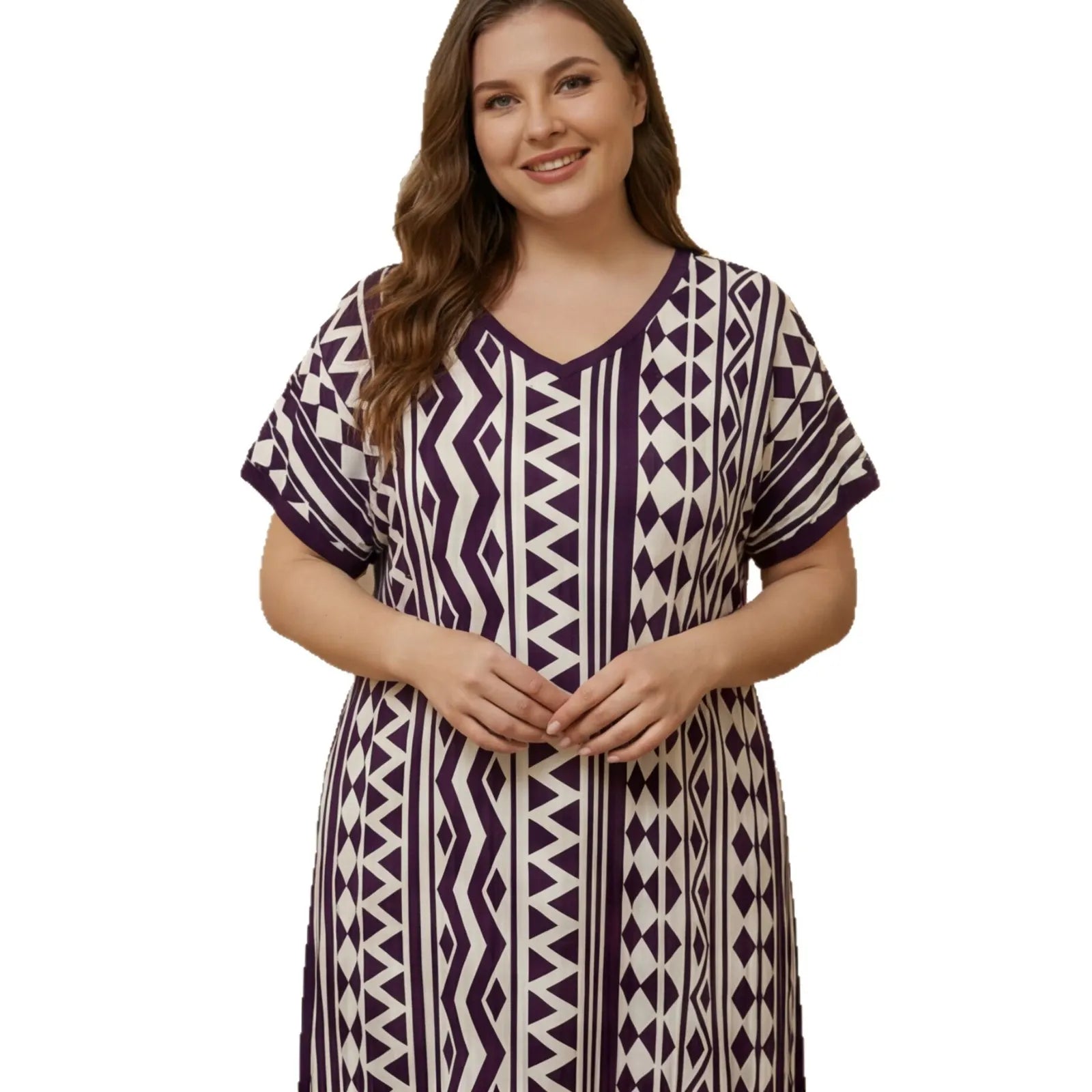 Curvy Purple White Tribal Pattern Nightdress, Oversized V Neck Short Sleeve Maxi Sleep Gown