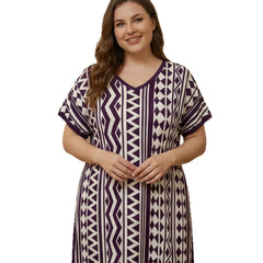 Curvy Purple White Tribal Pattern Nightdress, Oversized V Neck Short Sleeve Maxi Sleep Gown