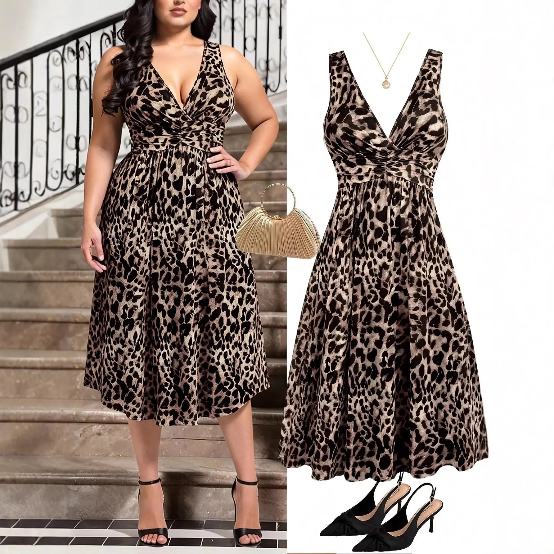 Leopard Print V-Neck Sleeveless High Waist A-Line Maxi Dress