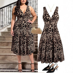 Leopard Print V-Neck Sleeveless High Waist A-Line Maxi Dress