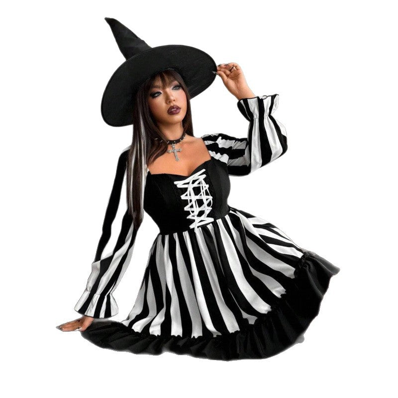 Halloween Beetlejuice Striped Dress, Goth Corset Front Puff Long Sleeve Flared Ruffle Short Dress