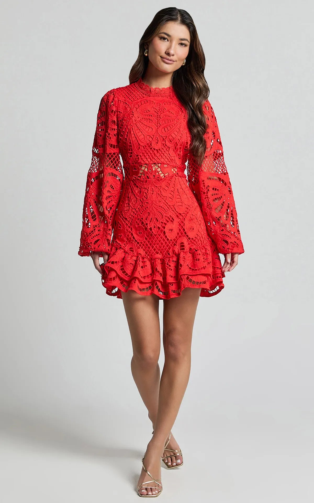 Lace Mini Dress, Cutout Waist Bishop Sleeve Ruffle Hem Party Dress