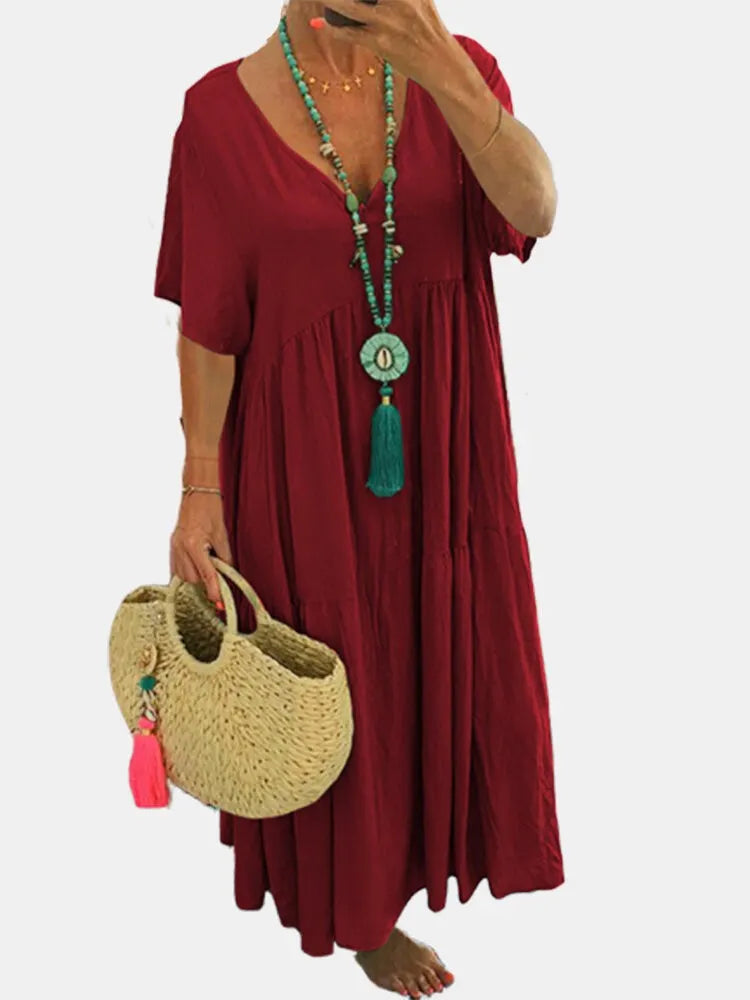 Solid Color V-Neck Short Sleeve Loose Tiered Maxi Dress