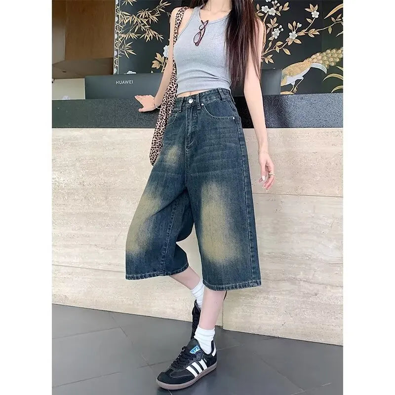 Vintage Mud Washed Gradient Cropped Wide Leg Jeans