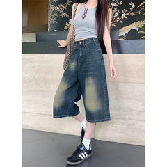 Vintage Mud Washed Gradient Cropped Wide Leg Jeans