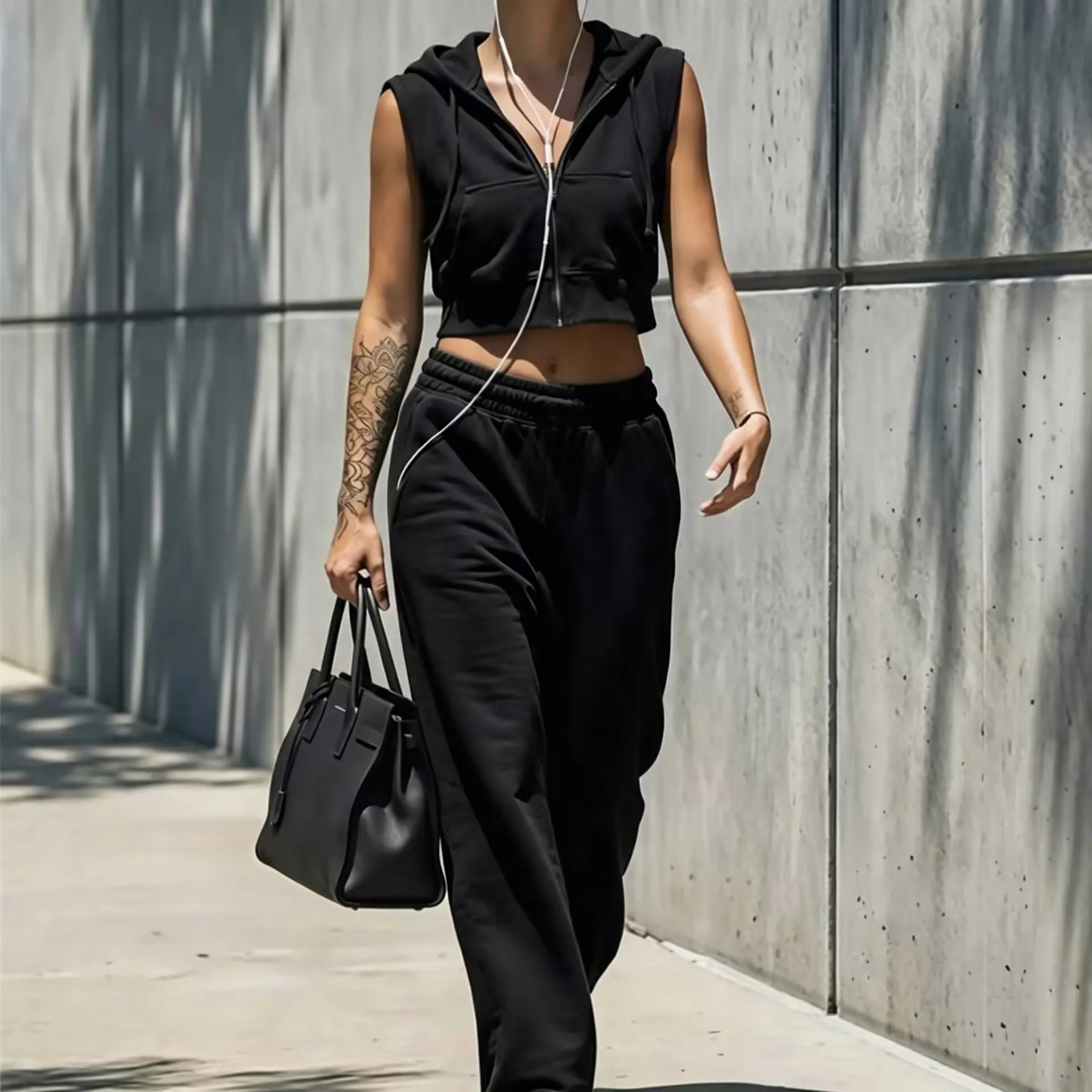 Sleeveless Zip Front Knit Vest & Elastic Waist Pants