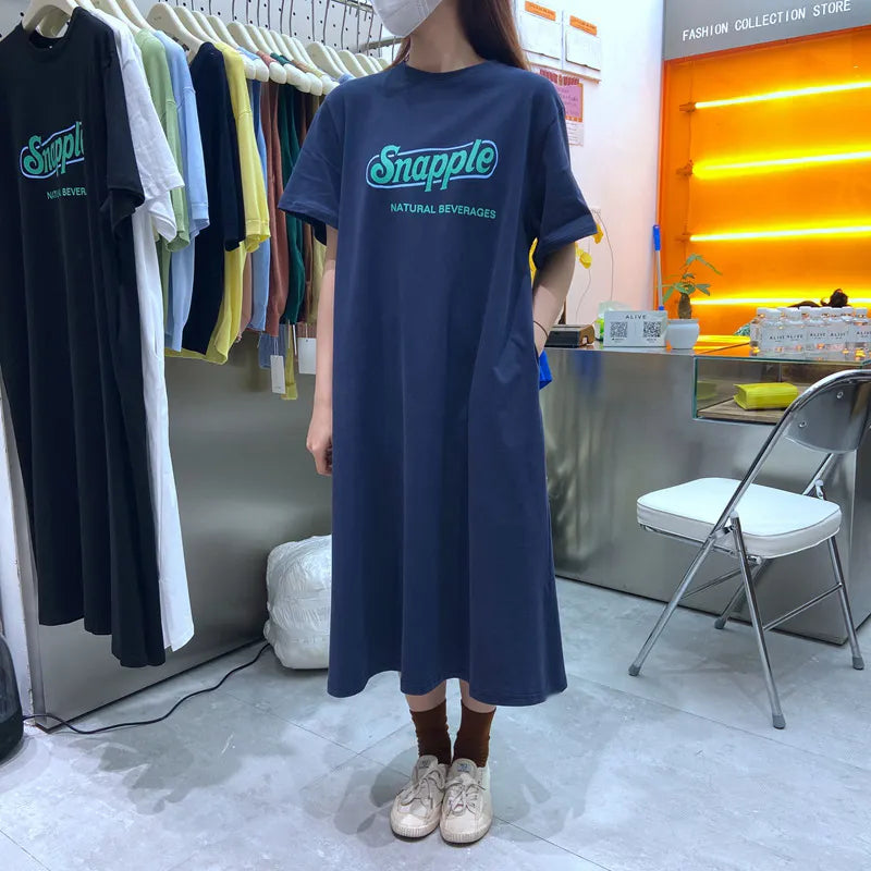 Letter Print Crew Neck Loose Long T-Shirt Dress