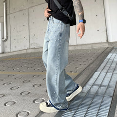 Men Mid‑Waist Pearl Decor Straight Leg Jeans