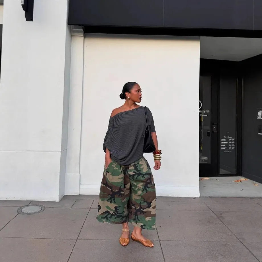 Vintage Camo Pleated Cropped Wide Leg Cargo Pants