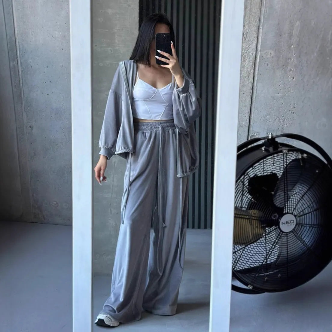 Solid Casual Long Sleeve Top & Wide Leg Pants Streetwear