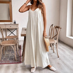 Solid V-neck Spaghetti Strap Ruched Flowy Midi Beach Dress