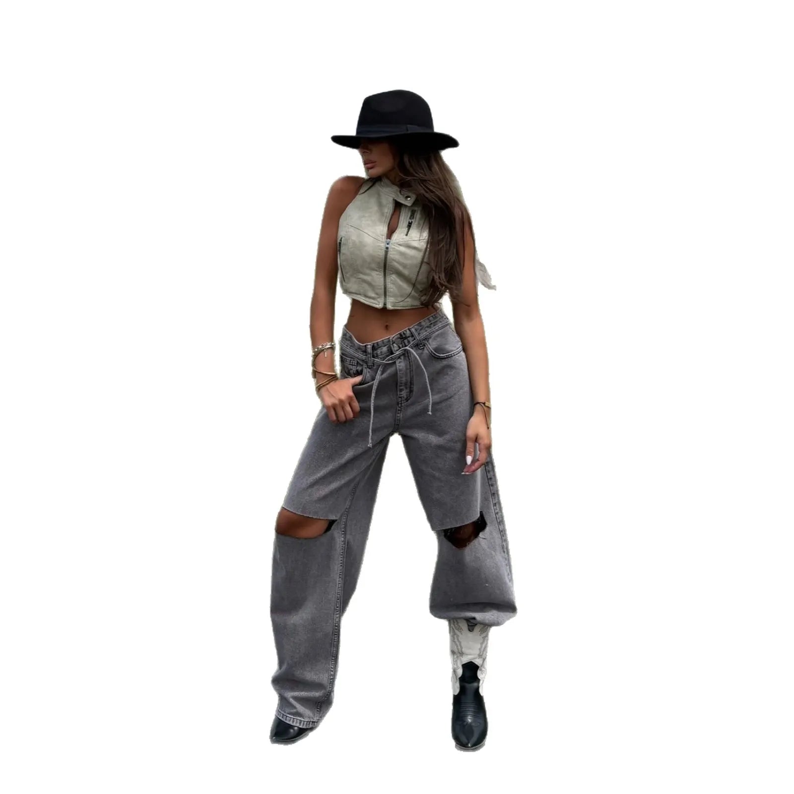 High Waist Ripped Straight‑leg Jeans