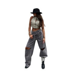 High Waist Ripped Straight‑leg Jeans