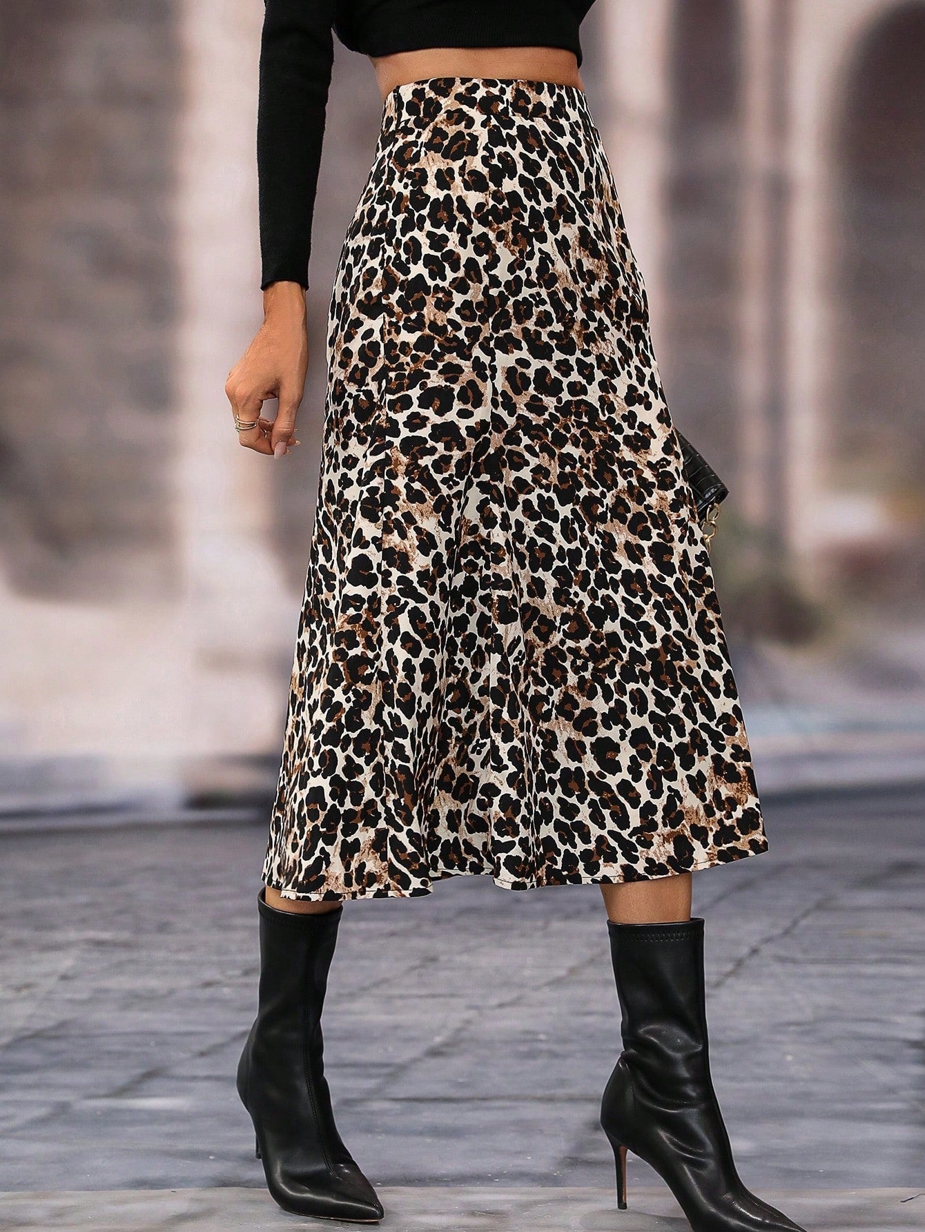 High Waist Leopard Print A-Line Midi Skirt