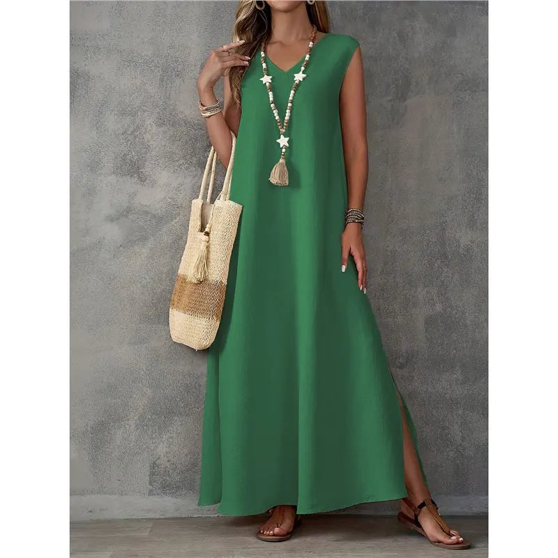 Solid V Neck Sleeveless Side Split Loose Maxi Dress
