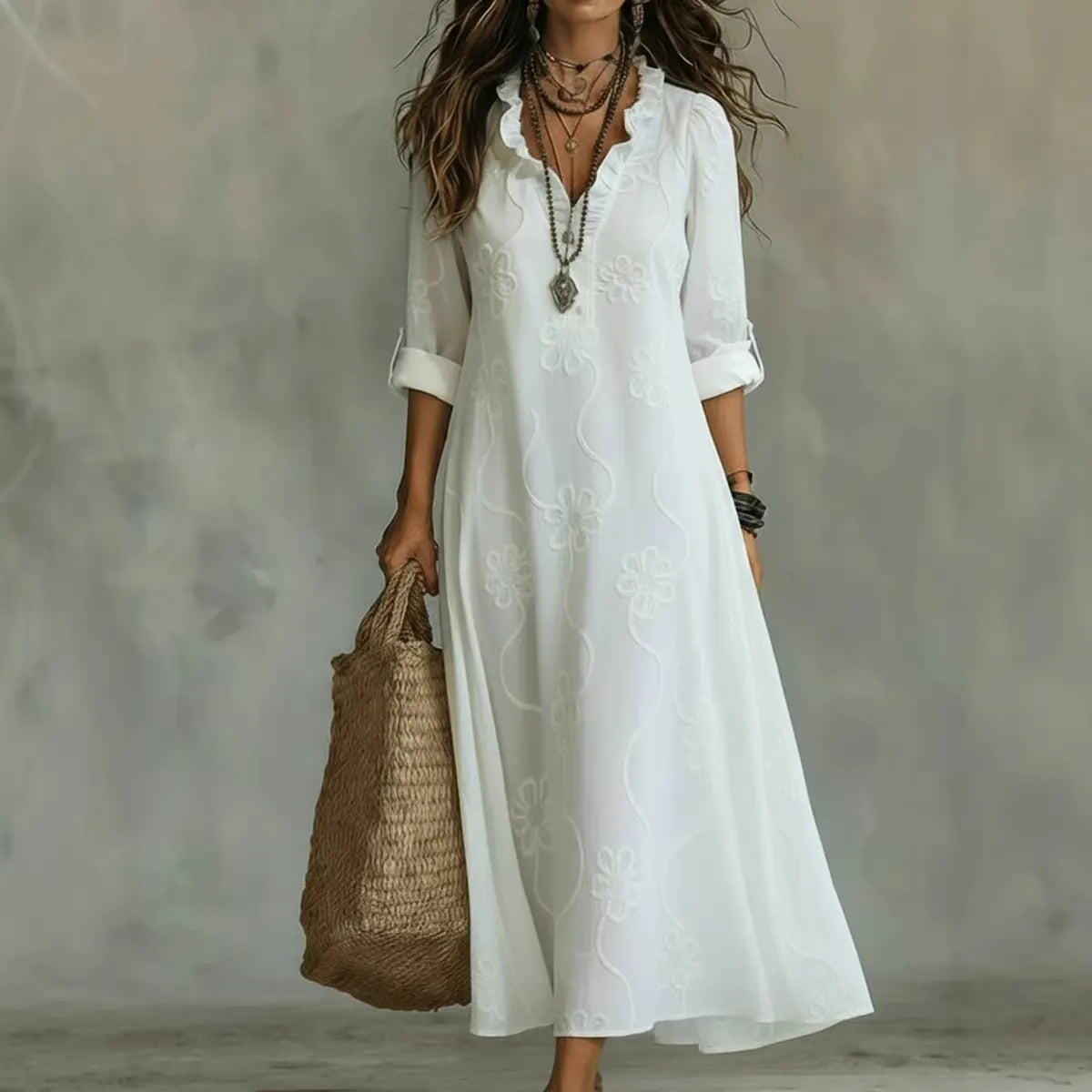 Solid Color Embroidered V-Neck Lantern Sleeve Loose Maxi Dress