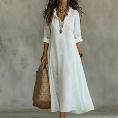 Solid Color Embroidered V-Neck Lantern Sleeve Loose Maxi Dress