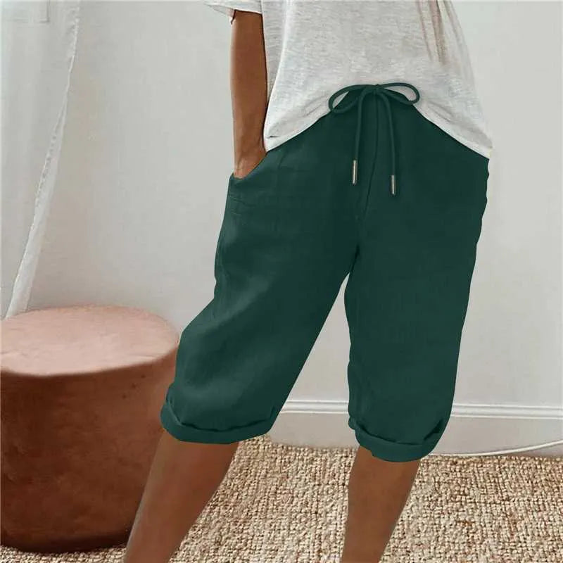 Cotton Linen Drawstring Waist Capri Pants,