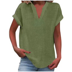 Notched V Neck Cuffed Short Sleeve Loose Cotton Linen Blouse