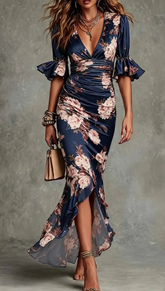 Deep V Neck Flare Short Sleeve Floral Print High Waist Slim Midi Mermaid Dress