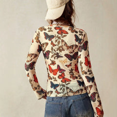 Bohemian Butterfly Printed Long Sleeve Shirt, Y2K Slim V Neck Casual Blouse