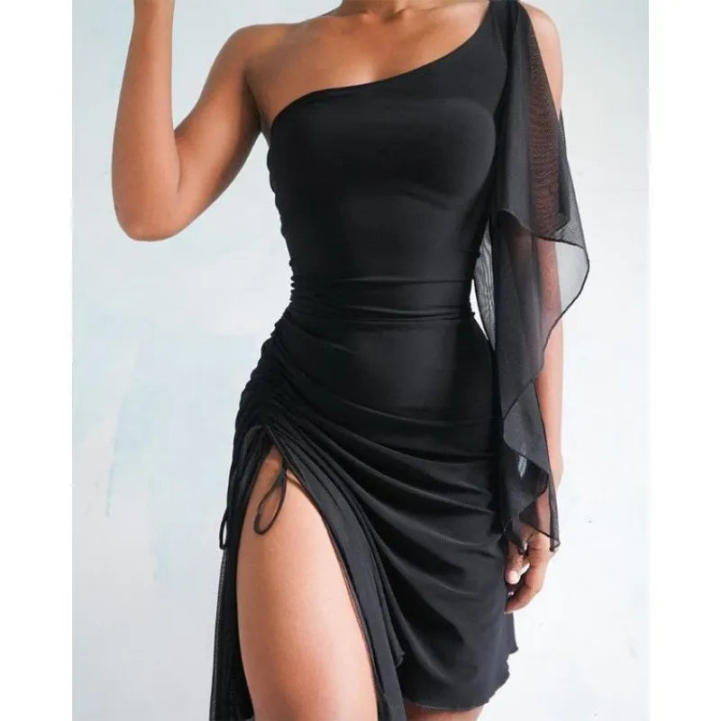 Black One-Shoulder Ruched Slit Mini Dress