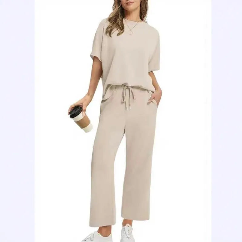 Solid Crew Neck Short Sleeve Top & Elastic Waist Wide Leg Pants