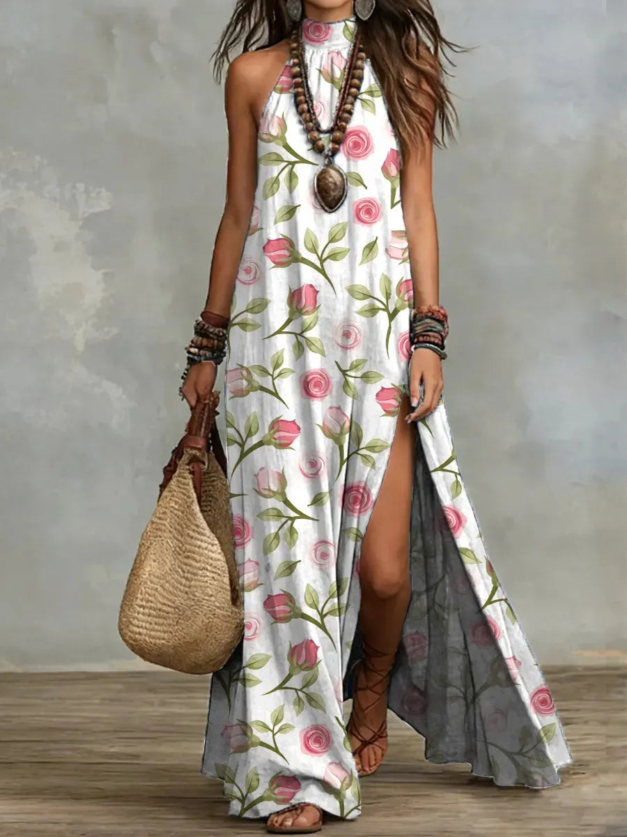 Bohemian Print Halter Neck Sleeveless Maxi Dress