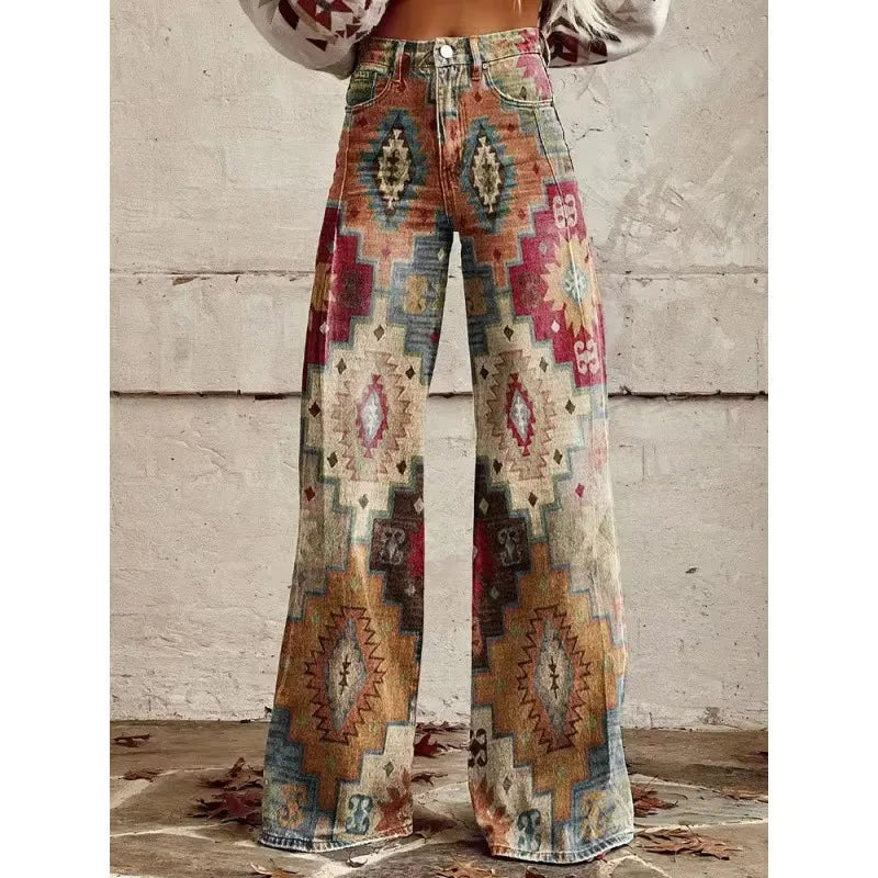 High Waist Western Cowboy Horse Print Wide Leg Pants