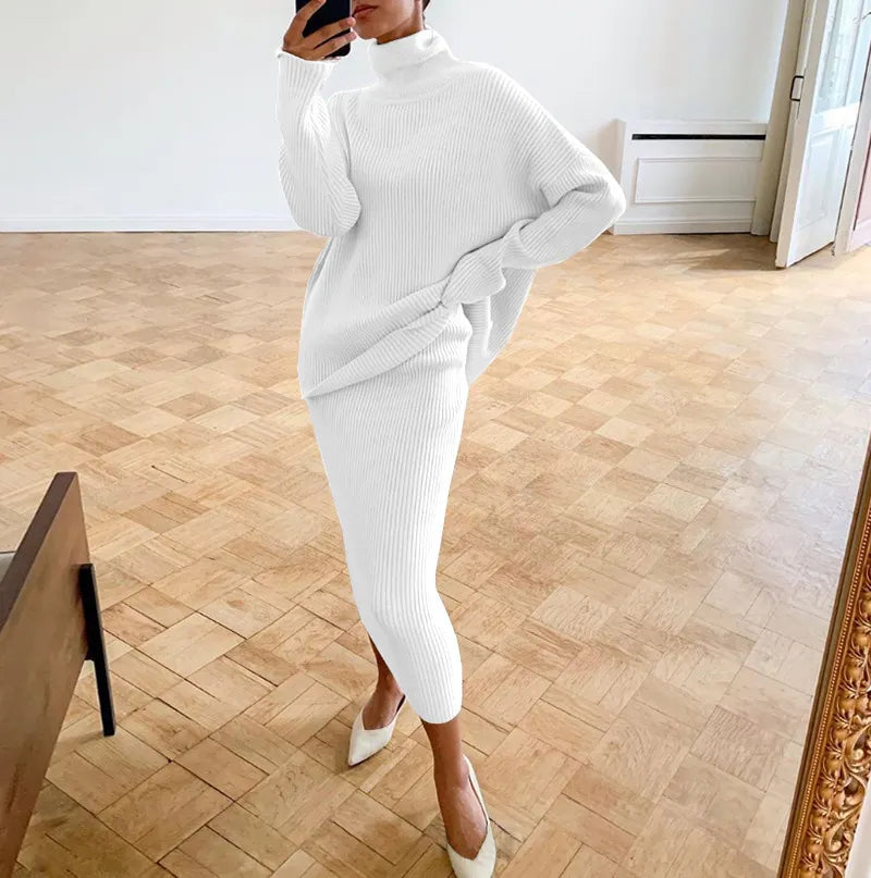 Brown Ribbed Knit Turtleneck & Midi Skirt Set