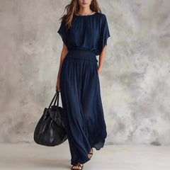 Army Green Batwing-Sleeve Smocked Waist Maxi Dress