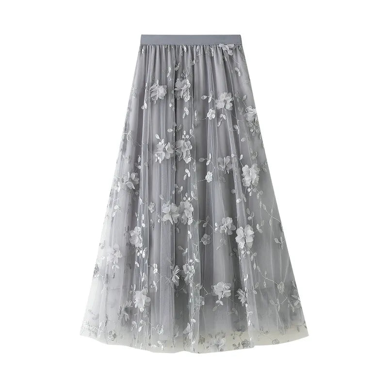 3D Floral Embroidered Tulle Maxi Skirt
